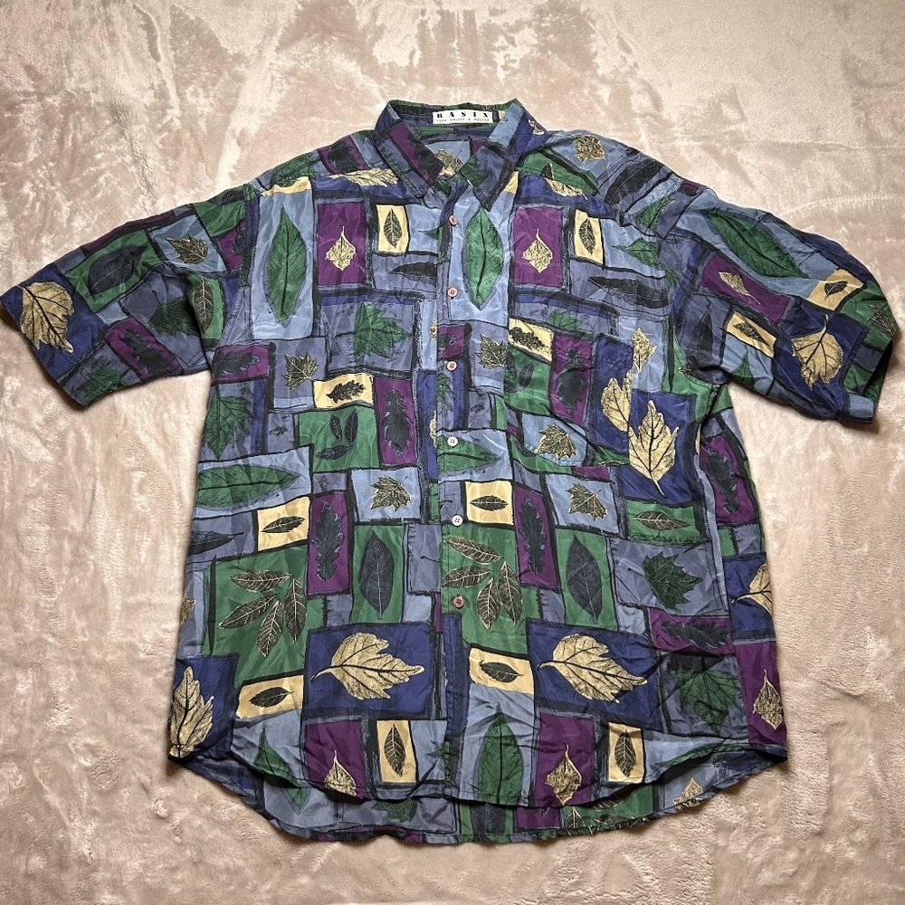 Vintage Silk Shirt Mens L Blue Purple AOP‎ 80s Retro Basix Fenn Wright Manson